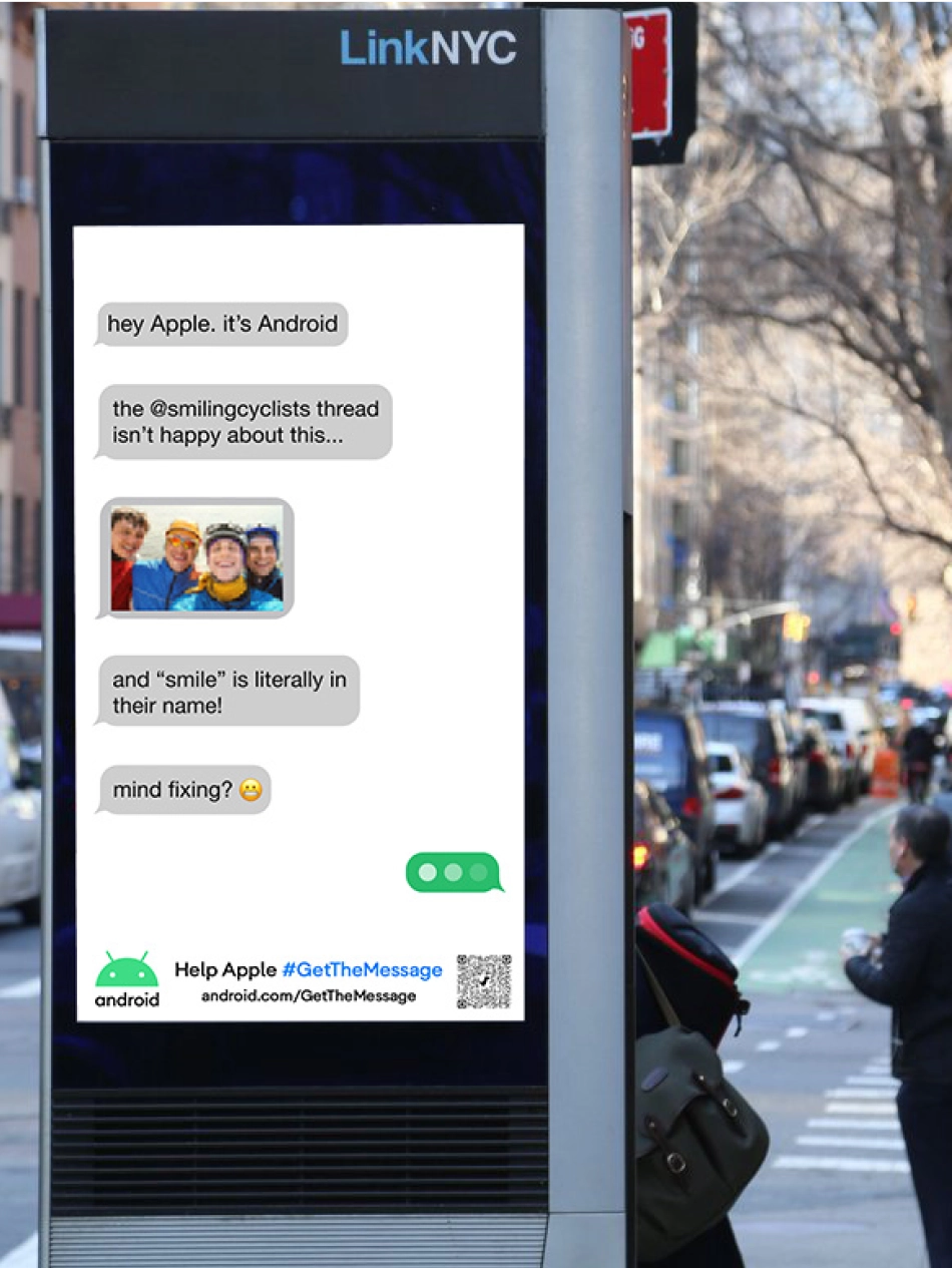 Public ad for Google's "Get the Message" campaign to Apple