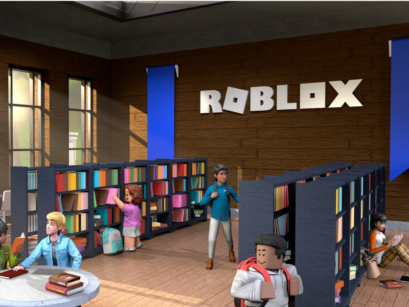 Roblox metaverse with avatars in a library setting